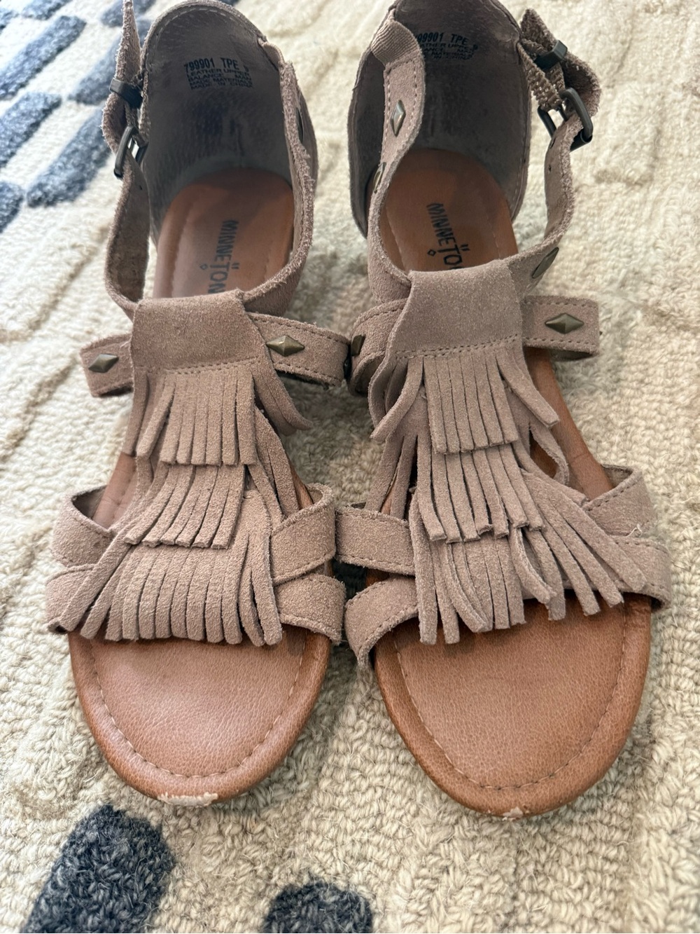 Minnetonka Taupe Suede Fringe Sandals with Ankle Strap